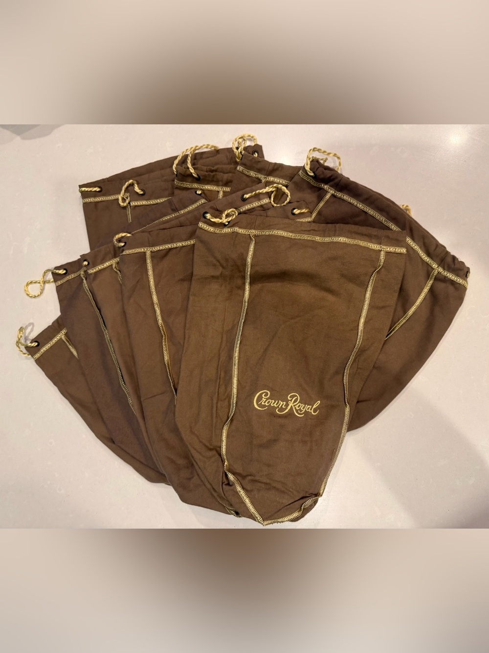10 Larger Size Crown Royal Light Brown Velvet Drawstring Bags - Gold Trim